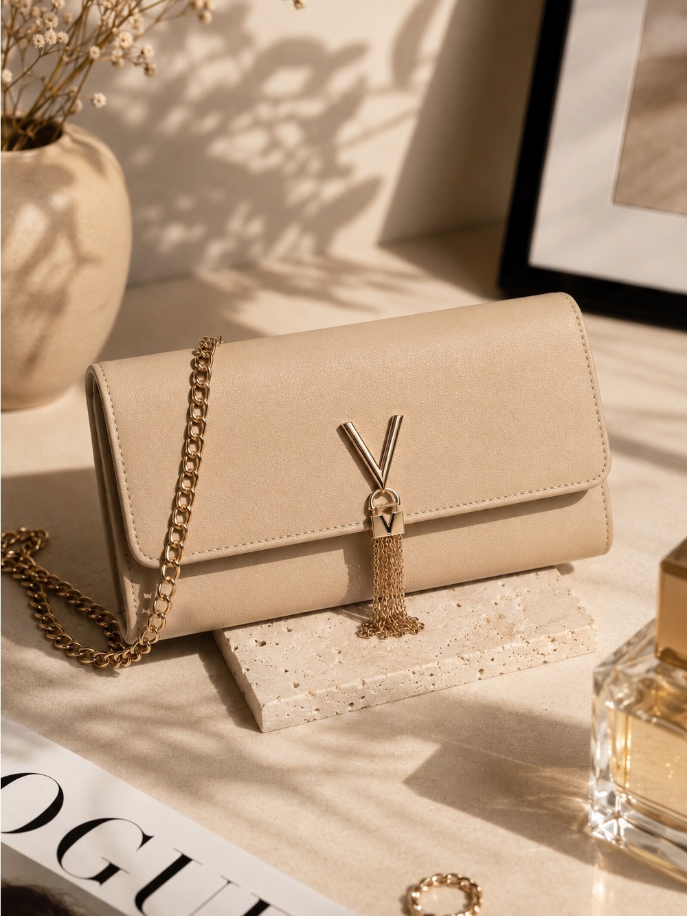 Mario Valentino Cream Crossbody with Gold Chain and Tassel